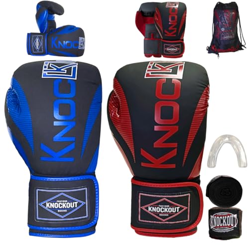 Knockout Elite Boxing Gloves 2 Pair Set, Complete Kit with Hand Wraps, Bag Pack, and Mouth Guard - Size 8oz-16oz-All Color Available - color: Blue / Red, size: 12 oz
