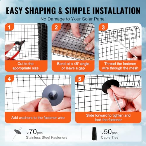 VEVOR 8 inch x 100ft Solar Panel Bird Guard, Critter Guard Roll Kit with 70pcs Aluminum Alloy Fasteners, Solar Panel Guard with Rust-Proof PVC Coating, Max 1/2 inch Wire Roll Mesh - size: 8in x 100ft with 70pcs Fasteners,50pcs Tie Wires