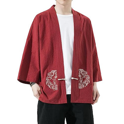 Mens Kimono Cardigan Cotton Linen Japanese Shirt 3/4 Sleeve Haori Yukata - color: 31-red, size: Large