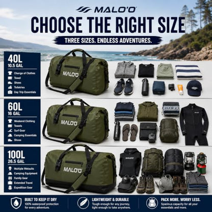 Malo’o Waterproof Dry Duffel, Heavy-Duty Roll Top Waterproof Gear Bag with Shoulder Strap & Molle Loops, Marine Duffel for Kayaking, Boating, Camping, Beach & Travel, Black, 100L - color: Black, size: 100L