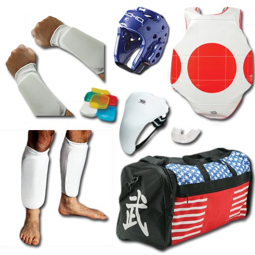 Complete Cloth Sparring Gear Set W/SHIN, Groin & Bag - White - Adult-XLarge