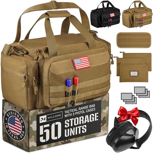 Gun Range Bag with 3 Pistol Cases, Removable MOLLE Organizer, Total 50 Storage Units, 27dB Shooting Earmuffs, Shoulder Strap, USA Flag Patch & Writable ID Patches, Khaki Brown Tactical Bag