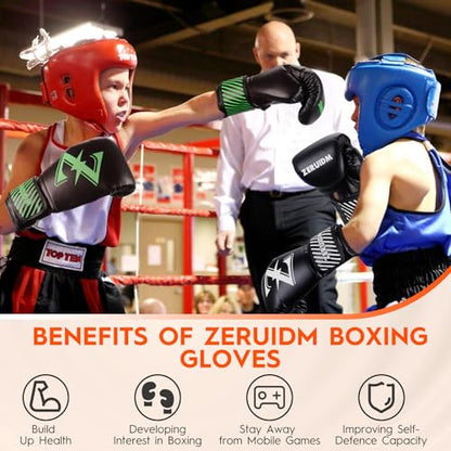 Kids Boxing Gloves 6 oz Youth Training Sparring Gloves for 3–12, Leather Ventilated Mesh, Boys Girls Junior Punching Gloves for PunchBag Focus Pads MMA Muay Thai Kickboxing - color: Green