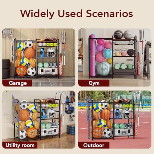Homsorout Garage Sports Equipment Organizer, Ball Storage for Gear and Toys, Large Capacity, Sports Organizer for Garage with Hooks and Baskets