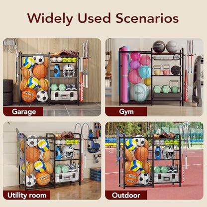 Homsorout Garage Sports Equipment Organizer, Ball Storage for Gear and Toys, Large Capacity, Sports Organizer for Garage with Hooks and Baskets
