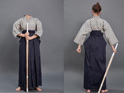 Hakama Kendo Gi Aikido Samurai Hakama Martial Arts Clothing Kimono Shirts Costumes Formal Kyudo Kimono 2pcs - color: Lattice-blue, size: 23