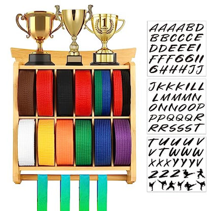 Tilhumt 12 Belts Karate Belt Display Rack with Trophy and Medal Display Rack, Taekwondo Belt Display Rack with Stickers, Martial Arts Belt Display for Kids and Adults