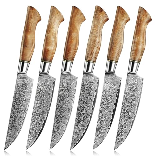 SENKEN 6-Piece Damascus Steel Steak Knife Set - Non-Serrated Steak Knives with Sycamore Wood Handles - The Dynasty Collection - 67-Layer Japanese VG10 Steel (6-Piece Steak Knife Set) - size: 6-Piece Steak Knife Set