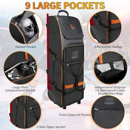 Hockey Bag with Wheels,Rolling Ice Hockey Duffel Travel Bag with Separate Breathable Shoe Compartment,2 Sticks Field Hockey Bag with Scratch-Resistant and Waterproof Bottom,Suitable for Teenagers