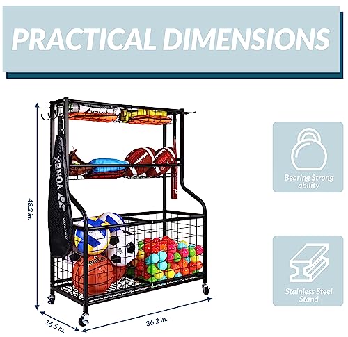 Fitvids Garage Sports Equipment Organizer, Garage Ball Storage, Sports Gear Storage, Garage Organizer with Baskets and Hooks, Rolling Sports Ball Storage Cart, Black, Steel