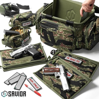Savior Equipment Specialist Series Tactical Triple Pistol Shooting Range Hunting Duffle Bag Gun Carrying Case, Rigid Compartment Frame, Lockable Zippers - color: Tiger Stripe