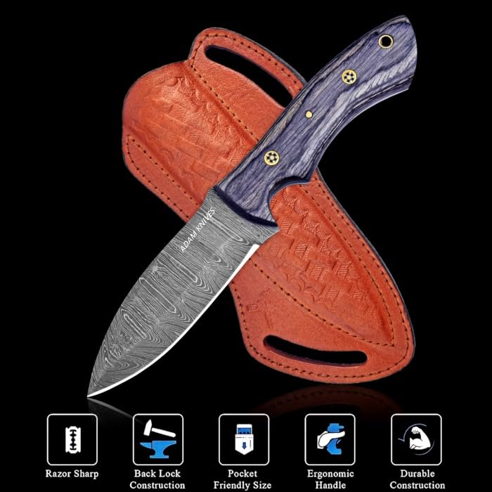 Fixed Blade Damascus Steel Hunting Knife with Leather Sheath 9'' Full Tang Hunting Skinning Knife Non-Slip Wooden Handle Camping Blade (Black) - color: Black
