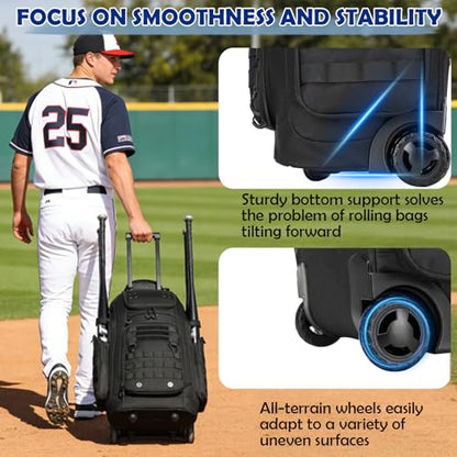 Rolling Baseball Bag with Wheels, Softball Catchers Gear Bag