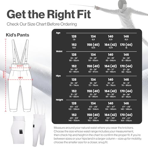 Kids Fencing Pants 350N, Novus Breathable Lightweight Stretch Knickers for Foil Epee & Saber Competition Ready - size: 164, style: Right Hand