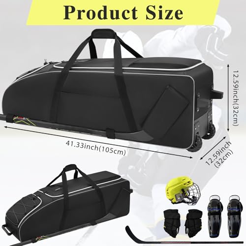 41-Inch Hockey Bag with Wheels, Large Ice Hockey Duffel Travel Bag for Equipment & Gear, 2 Sticks Field Hockey Bag with Separate Shoe Compartment (Black)