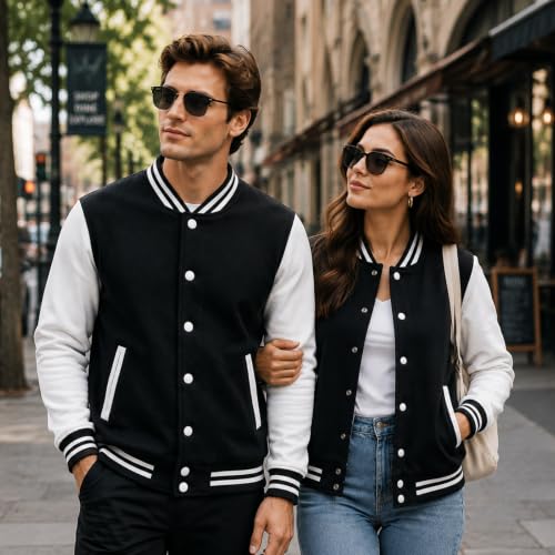 babyhealthy Men's Women's Varsity Baseball Jacket Casual Letterman Bomber Jacket Windbreaker Lightweight Jacket Coat - color: 021 Black, size: Medium