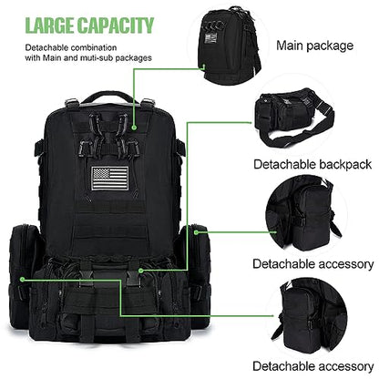 Large Military Tactical Backpack for Men, 40-50L Backpacks for Women, Bug out Bag Army 3 Days Assault Pack Bags Rucksack with Molle System Black - color: Black