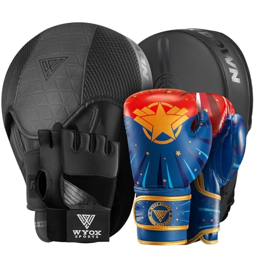 WYOX Complete Boxing Training Bundle Set with Kids Boxing Gloves, Gel Inner Gloves Hand Wraps and Curved Focus Mitts – MMA Muay Thai Kickboxing Punching Bag Sparring Gear for Boys Girls Men Women