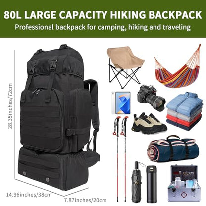 Hiking Backpack, 80L Molle Military Tactical Rucksack, Camping Backpack with Shoe Compartment, Lightweight Rucksack for Men, Water Resistant Hiking Daypack Survival Bag Hiking Bag (Black)