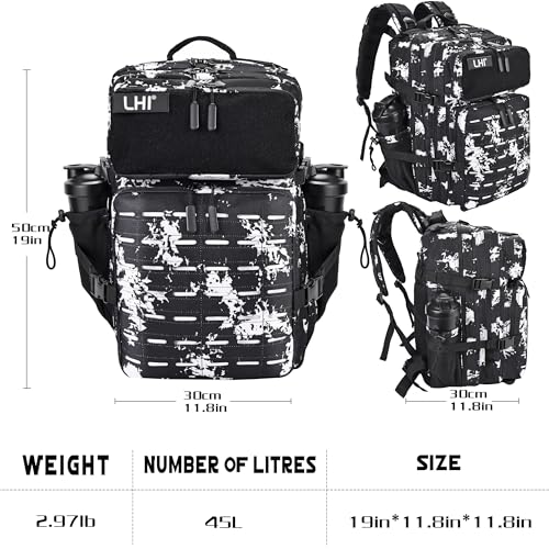 LHI Tactical Military Backpack for Men 25L/45L Large Molle Army Assault Pack 3 Day Hiking Rucksack With Bottle Holder - color: Black Lightning, size: 45L