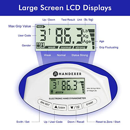 Digital Grip Strength Tester, 198 lb Hand Dynamometer, Blue