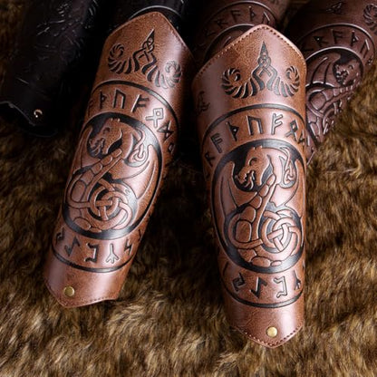 Leather Bracers for Men - Viking Embossed Medieval Arm Archery Guard Gauntlet Costumes - color: Hbr058-dragon Brown