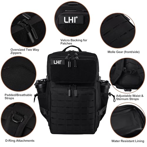 LHI Tactical Military Backpack for Men 25L/45L Large Molle Army Assault Pack 3 Day Hiking Rucksack With Bottle Holder - color: All Black, size: 45L