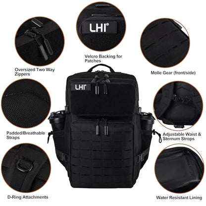 LHI Tactical Military Backpack for Men 25L/45L Large Molle Army Assault Pack 3 Day Hiking Rucksack With Bottle Holder - color: All Black, size: 45L