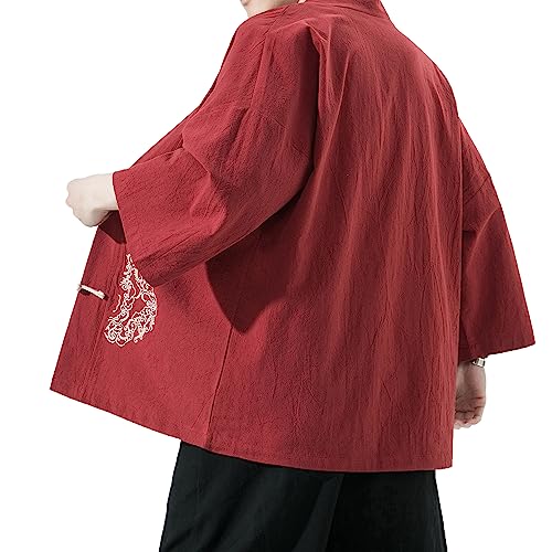 Mens Kimono Cardigan Cotton Linen Japanese Shirt 3/4 Sleeve Haori Yukata - color: 31-red, size: XX-Large