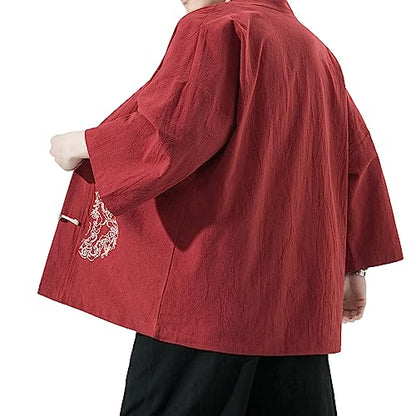 Mens Kimono Cardigan Cotton Linen Japanese Shirt 3/4 Sleeve Haori Yukata - color: 31-red, size: XX-Large