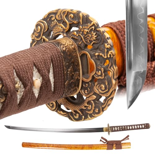 Real Samurai Sword Hand Forged with T10 Steel Clay Tempered 41-Inch - color: Brass