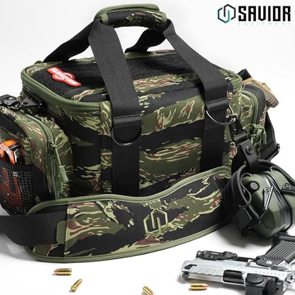 Savior Equipment Specialist Series Tactical Triple Pistol Shooting Range Hunting Duffle Bag Gun Carrying Case, Rigid Compartment Frame, Lockable Zippers - color: Tiger Stripe