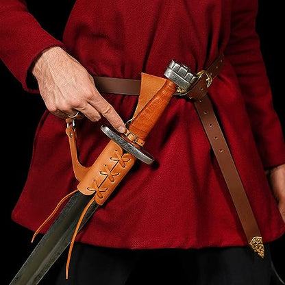 Mythrojan Medieval Sword Frog Adventurer with Leather Holder for Universal Rapier, Broadsword, Cutlass - style: Large Left Handed - Natural (10" x 10")