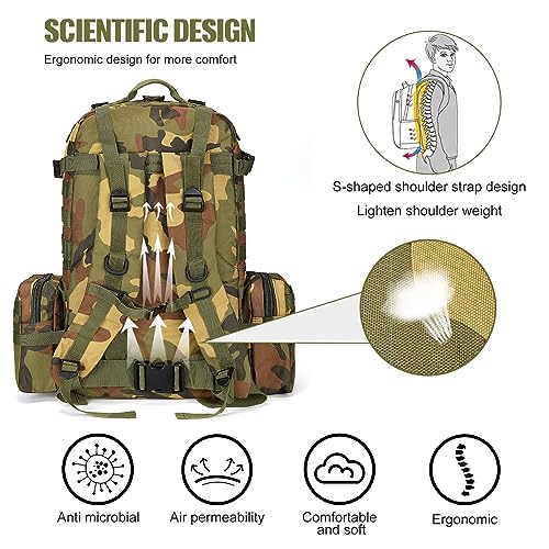 Large Military Tactical Backpack for Men, 40-50L Backpacks for Women, Bug out Bag Army 3 Days Assault Pack Bags Rucksack with Molle System - color: Jungle Camouflage