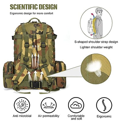 Large Military Tactical Backpack for Men, 40-50L Backpacks for Women, Bug out Bag Army 3 Days Assault Pack Bags Rucksack with Molle System - color: Jungle Camouflage