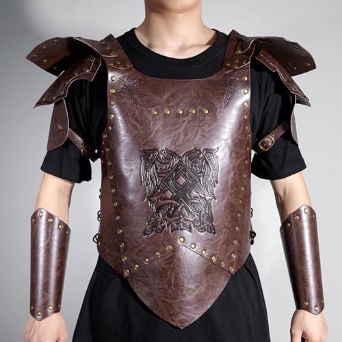 Leather Bracers for Men - Viking Embossed Medieval Arm Archery Guard Gauntlet Costumes - color: Hbr050-pure Coffee