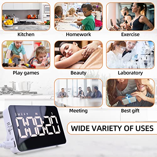 Rechargeable Digital Kitchen Timer for Cooking, Magnetic Timers with Countdown/up, Kids Timer with 5”LED Display 3 Brightness 4 Volume Adjustable for Classroom/Office/Home/Work/Study/Fitness/Game - color: Black+white