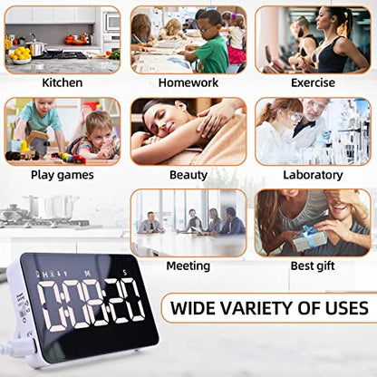 Rechargeable Digital Kitchen Timer for Cooking, Magnetic Timers with Countdown/up, Kids Timer with 5”LED Display 3 Brightness 4 Volume Adjustable for Classroom/Office/Home/Work/Study/Fitness/Game - color: Black+white