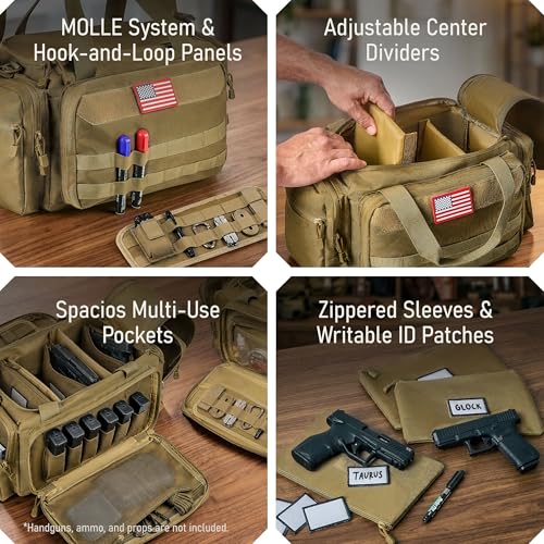 Gun Range Bag with 3 Pistol Cases, Removable MOLLE Organizer, Total 50 Storage Units, 27dB Shooting Earmuffs, Shoulder Strap, USA Flag Patch & Writable ID Patches, Khaki Brown Tactical Bag