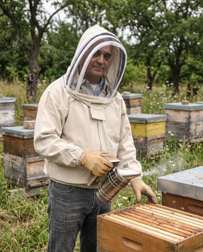 Natural Canvas Bee Jacket with Fencing Veil Hood & Gloves - size: Large