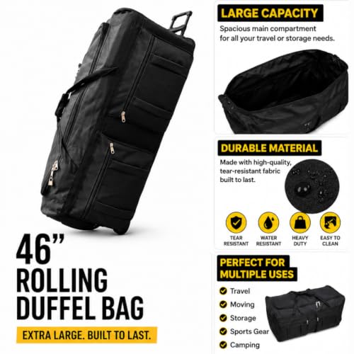 Gothamite 46-inch Rolling Duffle Bag with Wheels, XL Duffle Bag With Rollers, Heavy Duty Oversized Storage Bag - size: 46"