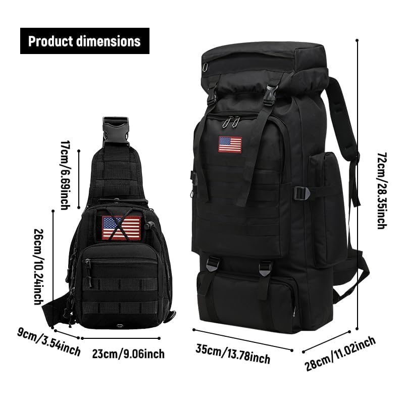JUMAHE 80L 2-pack Hiking Backpack for Men with Sling Tactical Backpack - Rucksack Molle Military Tactical Waterproof Lightweight Camping Backpack 3 Day Assault Pack for Travel, Climbing, Backpacking - color: 80l Black - Pro(900d Fabric) + Sling Bag Bundle