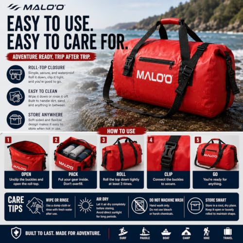 Malo’o Waterproof Dry Duffel, Heavy-Duty Roll Top Waterproof Gear Bag with Shoulder Strap & Molle Loops, Marine Duffel for Kayaking, Boating, Camping, Beach & Travel, Dark Green, 60L - color: Dark Green, size: 60L