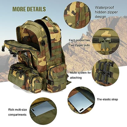 Large Military Tactical Backpack for Men, 40-50L Backpacks for Women, Bug out Bag Army 3 Days Assault Pack Bags Rucksack with Molle System - color: Jungle Camouflage