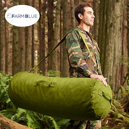 Farm Blue GI Style Zipper Duffle Bag Heavy Duty Army Duffle Bags - Military Grade Cotton Canvas Duffel Bag - Reinforced Camping Bag - Strong Zipper & Center Grab Handle (Olive Drab, X-Large) - color: OD Green, size: XL