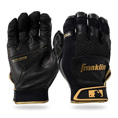 Franklin Sports MLB Baseball Batting Gloves - Shok-Sorb X Batting Gloves for Baseball + Softball - Adult + Youth Padded Non-Sting Batting Glove Pairs - Multiple Colors + Sizes - color: Black/Gold, size: Adult X-Large