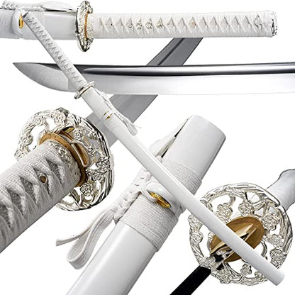 Traditional Heat/Clay Tempered Hand Forged Katana Sword | Real 1060/1095 T10 High Carbon Steel Sharp Full Tang Katanas | Practical Authentic Japanese Samurai Swords - color: White Plum