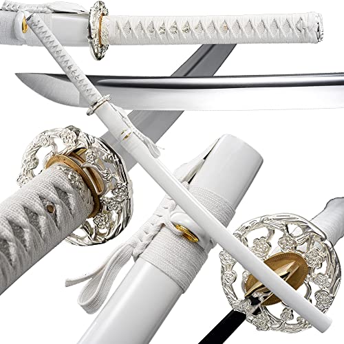 Traditional Heat/Clay Tempered Hand Forged Katana Sword | Real 1060/1095 T10 High Carbon Steel Sharp Full Tang Katanas | Practical Authentic Japanese Samurai Swords - color: White Plum