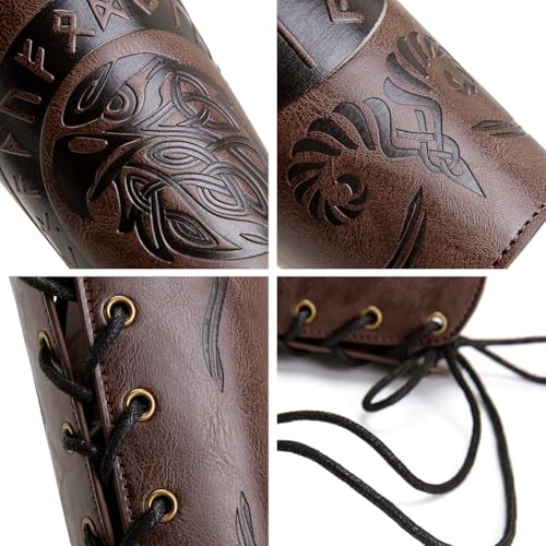 Leather Bracers for Men - Viking Embossed Medieval Arm Archery Guard Gauntlet Costumes - color: Hbr060-eagle Coffee