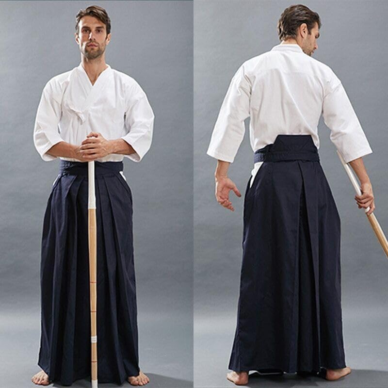 Hakama Kendo Gi Aikido Samurai Hakama Martial Arts Clothing Kimono Shirts Costumes Formal Kyudo Kimono 2pcs - color: Blue-white, size: 29